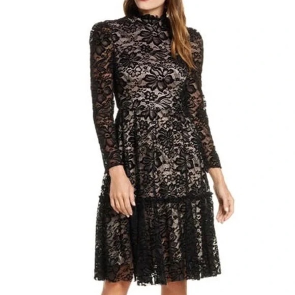 Eliza J Long Sleeve Mock Neck Fit & Flare Lace Dress in Black Size 2 - Picture 2 of 14